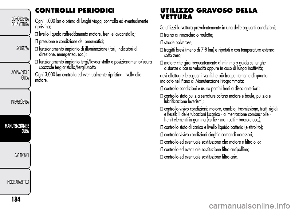 Alfa Romeo MiTo 2016 Manuale del proprietario (in Italian) CONTROLLI PERIODICI
Ogni 1.000 km o prima di lunghi viaggi controlla ed eventualmente
ripristina:
❒livello liquido raffreddamento motore, freni e lavacristallo;
❒pressione e condizione dei pneumat Alfa Romeo MiTo 2016 Manuale del proprietario (in Italian) CONTROLLI PERIODICI
Ogni 1.000 km o prima di lunghi viaggi controlla ed eventualmente
ripristina:
❒livello liquido raffreddamento motore, freni e lavacristallo;
❒pressione e condizione dei pneumat