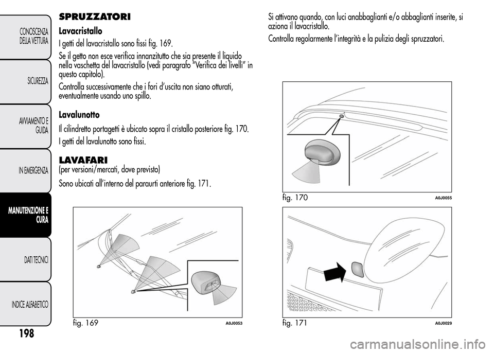 Alfa Romeo MiTo 2016  Manuale del proprietario (in Italian) SPRUZZATORI
Lavacristallo
I getti del lavacristallo sono fissi fig. 169.
Se il getto non esce verifica innanzitutto che sia presente il liquido
nella vaschetta del lavacristallo (vedi paragrafo “Ver