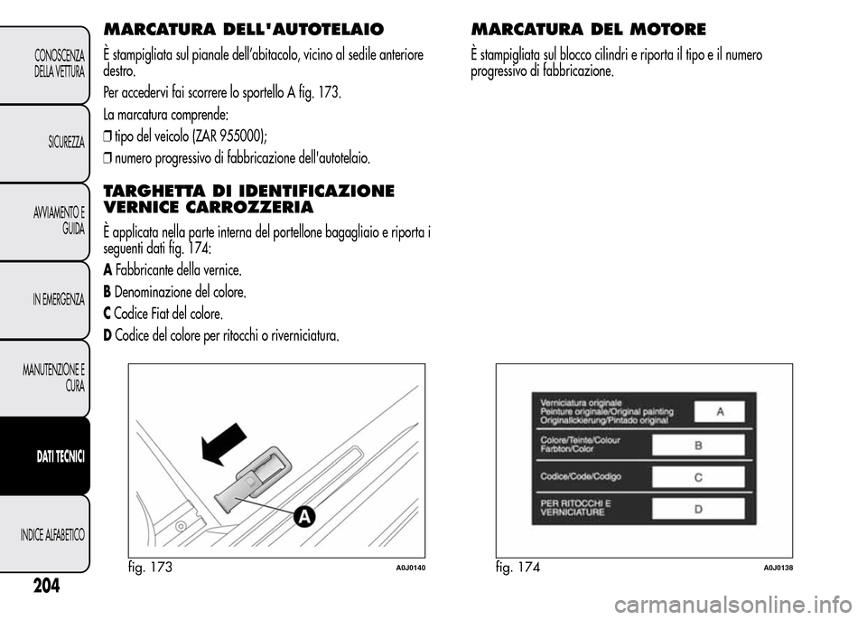 Alfa Romeo MiTo 2016  Manuale del proprietario (in Italian) MARCATURA DELLAUTOTELAIO
È stampigliata sul pianale dell’abitacolo, vicino al sedile anteriore
destro.
Per accedervi fai scorrere lo sportello A fig. 173.
La marcatura comprende:
❒tipo del veico