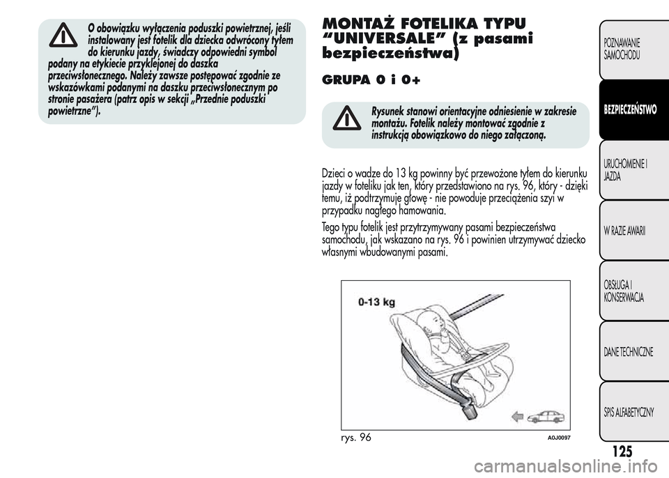 Alfa Romeo MiTo 2016  Instrukcja Obsługi (in Polish) O obowiązku wyłączenia poduszki powietrznej, jeśli
instalowany jest fotelik dla dziecka odwrócony tyłem
do kierunku jazdy, świadczy odpowiedni symbol
podany na etykiecie przyklejonej do daszka
