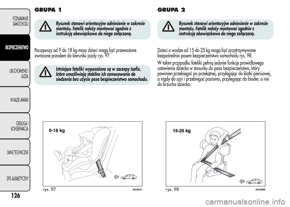 Alfa Romeo MiTo 2016  Instrukcja Obsługi (in Polish) GRUPA 1
Rysunek stanowi orientacyjne odniesienie w zakresie
montażu. Fotelik należy montować zgodnie z
instrukcją obowiązkowo do niego załączoną.
Począwszy od 9 do 18 kg masy dzieci mogą by