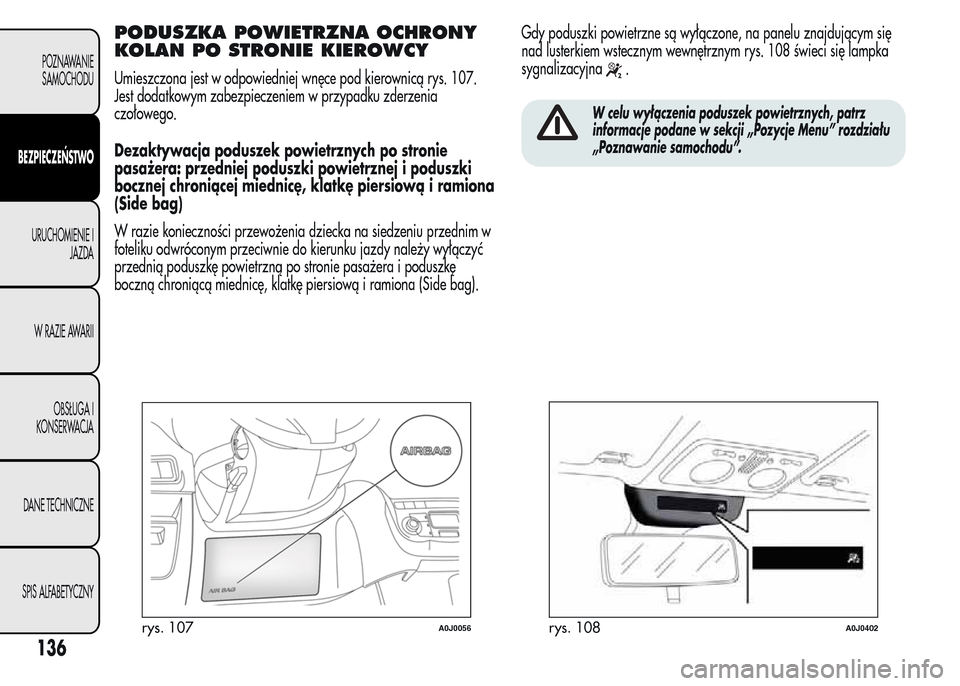 Alfa Romeo MiTo 2016  Instrukcja Obsługi (in Polish) PODUSZKA POWIETRZNA OCHRONY
KOLAN PO STRONIE KIEROWCY
Umieszczona jest w odpowiedniej wnęce pod kierownicą rys. 107.
Jest dodatkowym zabezpieczeniem w przypadku zderzenia
czołowego.
Dezaktywacja po