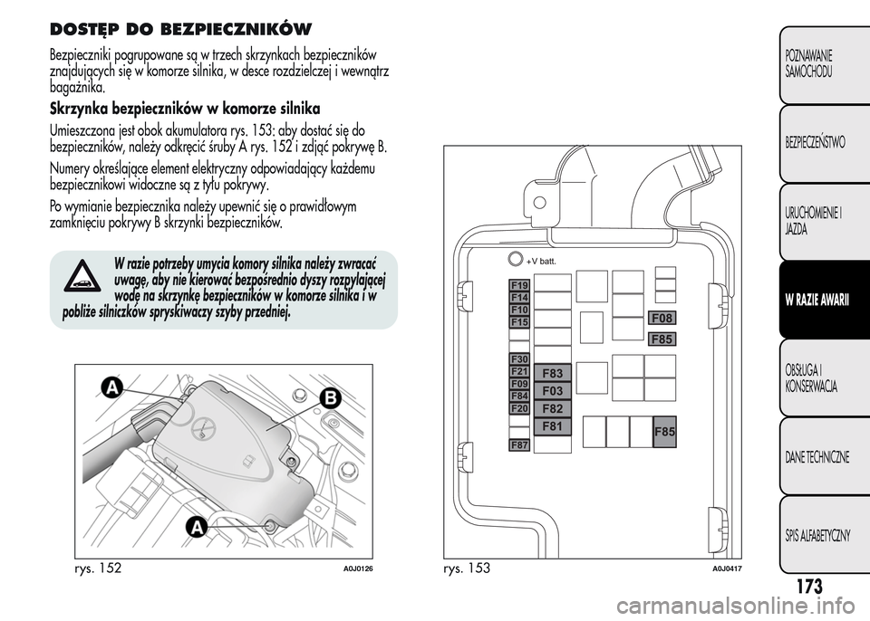 Alfa Romeo MiTo 2016  Instrukcja Obsługi (in Polish) DOSTĘP DO BEZPIECZNIKÓW
Bezpieczniki pogrupowane są w trzech skrzynkach bezpieczników
znajdujących się w komorze silnika, w desce rozdzielczej i wewnątrz
bagażnika.
Skrzynka bezpieczników w k