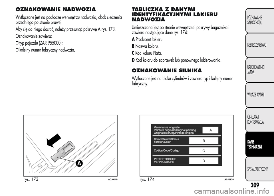 Alfa Romeo MiTo 2016  Instrukcja Obsługi (in Polish) OZNAKOWANIE NADWOZIA
Wytłoczone jest na podłodze we wnętrzu nadwozia, obok siedzenia
przedniego po stronie prawej.
Aby się do niego dostać, należy przesunąć pokrywę A rys. 173.
Oznakowanie za