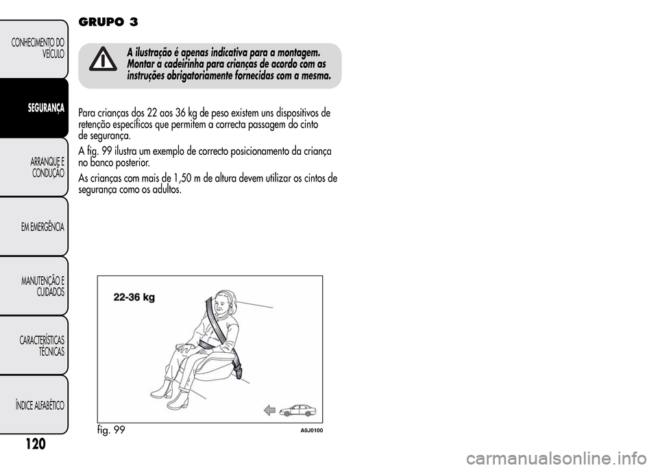 Alfa Romeo MiTo 2016  Manual do proprietário (in Portuguese) GRUPO 3
A ilustração é apenas indicativa para a montagem.
Montar a cadeirinha para crianças de acordo com as
instruções obrigatoriamente fornecidas com a mesma.
Para crianças dos 22 aos 36 kg d