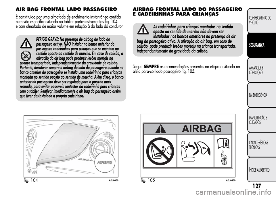 Alfa Romeo MiTo 2016 Manual do proprietário (in Portuguese) AIR BAG FRONTAL LADO PASSAGEIRO
É constituído por uma almofada de enchimento instantâneo contida
num vão específico situado no tablier porta-instrumentos fig. 104
e com almofada de maior volume e Alfa Romeo MiTo 2016 Manual do proprietário (in Portuguese) AIR BAG FRONTAL LADO PASSAGEIRO
É constituído por uma almofada de enchimento instantâneo contida
num vão específico situado no tablier porta-instrumentos fig. 104
e com almofada de maior volume e