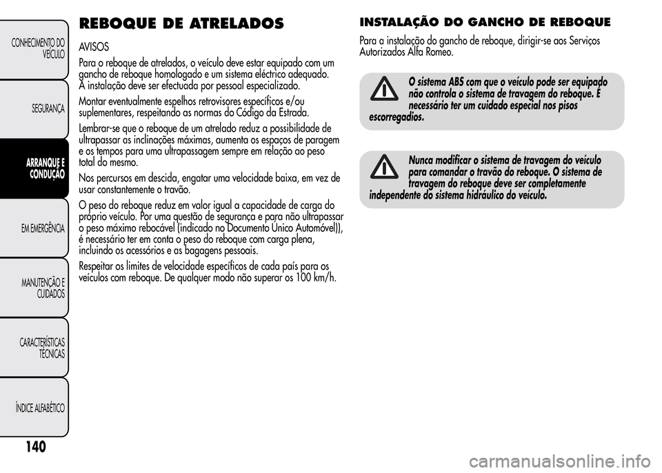 Alfa Romeo MiTo 2016 Manual do proprietário (in Portuguese) REBOQUE DE ATRELADOS
AVISOS
Para o reboque de atrelados, o veículo deve estar equipado com um
gancho de reboque homologado e um sistema eléctrico adequado.
A instalação deve ser efectuada por pess Alfa Romeo MiTo 2016 Manual do proprietário (in Portuguese) REBOQUE DE ATRELADOS
AVISOS
Para o reboque de atrelados, o veículo deve estar equipado com um
gancho de reboque homologado e um sistema eléctrico adequado.
A instalação deve ser efectuada por pess