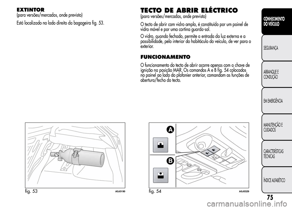 Alfa Romeo MiTo 2016  Manual do proprietário (in Portuguese) EXTINTOR
(para versões/mercados, onde previsto)
Está localizado no lado direito da bagageira fig. 53.TECTO DE ABRIR ELÉCTRICO
(para versões/mercados, onde previsto)
O tecto de abrir com vidro ampl