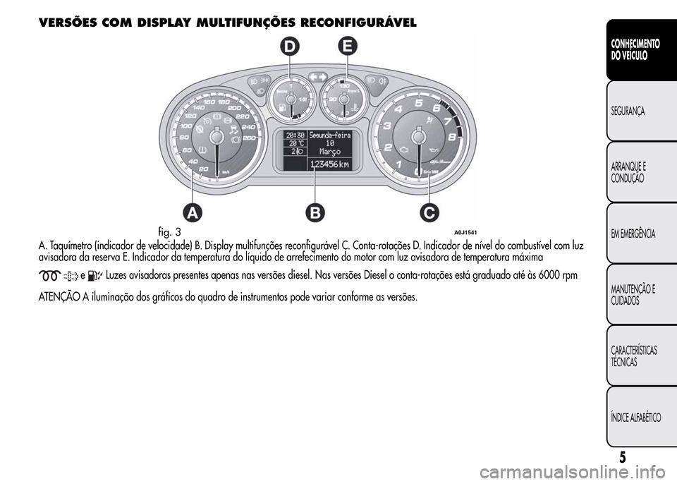 Alfa Romeo MiTo 2016  Manual do proprietário (in Portuguese) VERSÕES COM DISPLAY MULTIFUNÇÕES RECONFIGURÁVEL
A. Taquímetro (indicador de velocidade) B. Display multifunções reconfigurável C. Conta-rotações D. Indicador de nível do combustível com lu