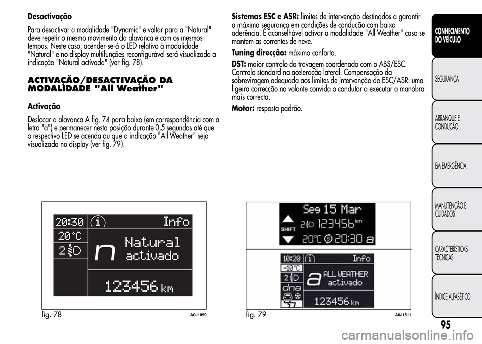 Alfa Romeo MiTo 2016 Manual do proprietário (in Portuguese) Desactivação
Para desactivar a modalidade "Dynamic" e voltar para a "Natural"
deve repetir o mesmo movimento da alavanca e com os mesmos
tempos. Neste caso, acender-se-á o LED relativo à modalidad Alfa Romeo MiTo 2016 Manual do proprietário (in Portuguese) Desactivação
Para desactivar a modalidade "Dynamic" e voltar para a "Natural"
deve repetir o mesmo movimento da alavanca e com os mesmos
tempos. Neste caso, acender-se-á o LED relativo à modalidad
