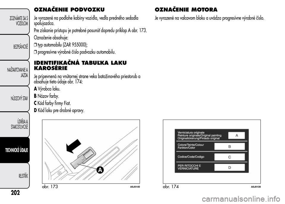 Alfa Romeo MiTo 2016  Užívateľská príručka (in Slovak) OZNAČENIE PODVOZKU
Je vyrazené na podlahe kabíny vozidla, vedľa predného sedadla
spolujazdca.
Pre získanie prístupu je potrebné posunúť dopredu príklop A obr. 173.
Označenie obsahuje:
❒t
