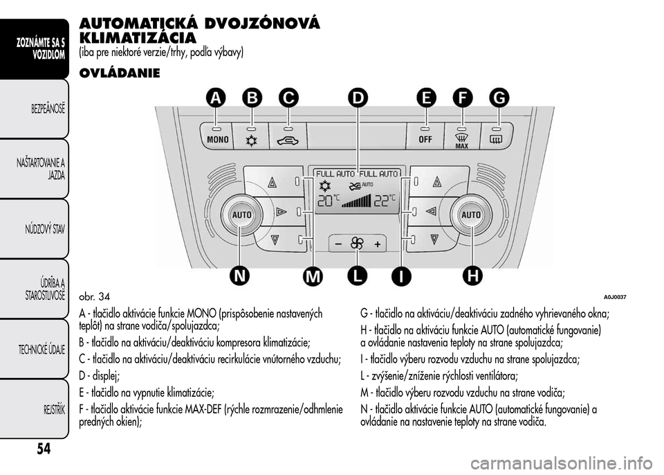 Alfa Romeo MiTo 2016 Užívateľská príručka (in Slovak) AUTOMATICKÁ DVOJZÓNOVÁ
KLIMATIZÁCIA
(iba pre niektoré verzie/trhy, podľa výbavy)
OVLÁDANIE
A - tlačidlo aktivácie funkcie MONO (prispôsobenie nastavených
teplôt) na strane vodiča/spoluja Alfa Romeo MiTo 2016 Užívateľská príručka (in Slovak) AUTOMATICKÁ DVOJZÓNOVÁ
KLIMATIZÁCIA
(iba pre niektoré verzie/trhy, podľa výbavy)
OVLÁDANIE
A - tlačidlo aktivácie funkcie MONO (prispôsobenie nastavených
teplôt) na strane vodiča/spoluja