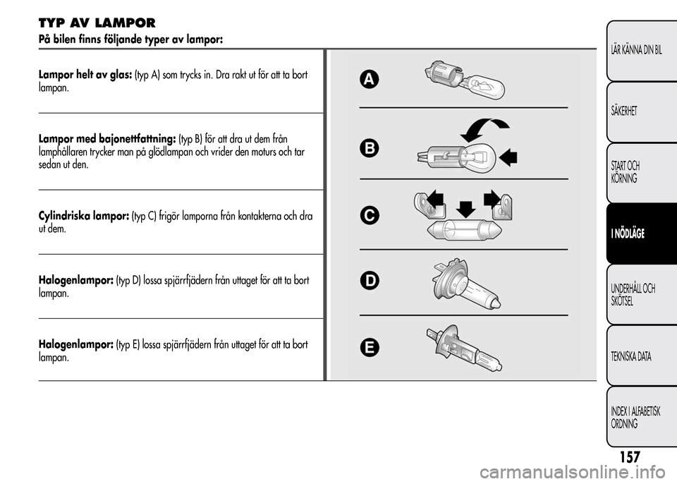 Alfa Romeo MiTo 2016  Ägarmanual (in Swedish) TYP AV LAMPOR
På bilen finns följande typer av lampor:
Lampor helt av glas:(typ A) som trycks in. Dra rakt ut för att ta bort
lampan.
Lampor med bajonettfattning:(typ B) för att dra ut dem från
l
