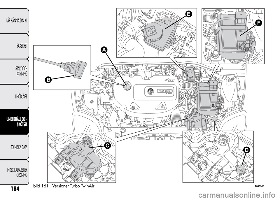 Alfa Romeo MiTo 2016  Ägarmanual (in Swedish) F
E
CD
B
A
bild 161 - Versioner Turbo TwinAirA0J0380184
LÄR KÄNNA DIN BIL
SÄKERHET
START OCH
KÖRNING
I NÖDLÄGE
UNDERHÅLL OCH
SKÖTSEL
TEKNISKA DATA
INDEX I ALFABETISK
ORDNING 
