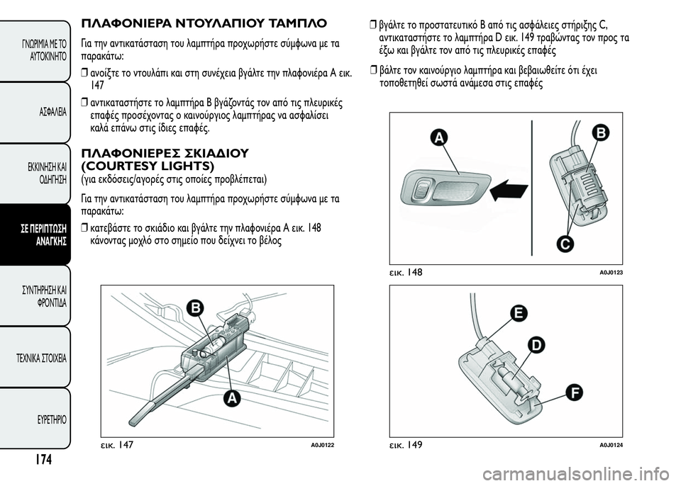 Alfa Romeo MiTo 2016 Εγχειρίδιο χρήσης (in Greek) ΠΛΑΦΟΝΙΕΡΑ ΝΤΟΥΛΑΠΙΟΥ ΤΑΜΠΛΟ
Για την αντικατάσταση του λαμπτήρα προχωρήστε σύμφωνα με τα
παρακάτω:
❒ανοίξτ Alfa Romeo MiTo 2016 Εγχειρίδιο χρήσης (in Greek) ΠΛΑΦΟΝΙΕΡΑ ΝΤΟΥΛΑΠΙΟΥ ΤΑΜΠΛΟ
Για την αντικατάσταση του λαμπτήρα προχωρήστε σύμφωνα με τα
παρακάτω:
❒ανοίξτ