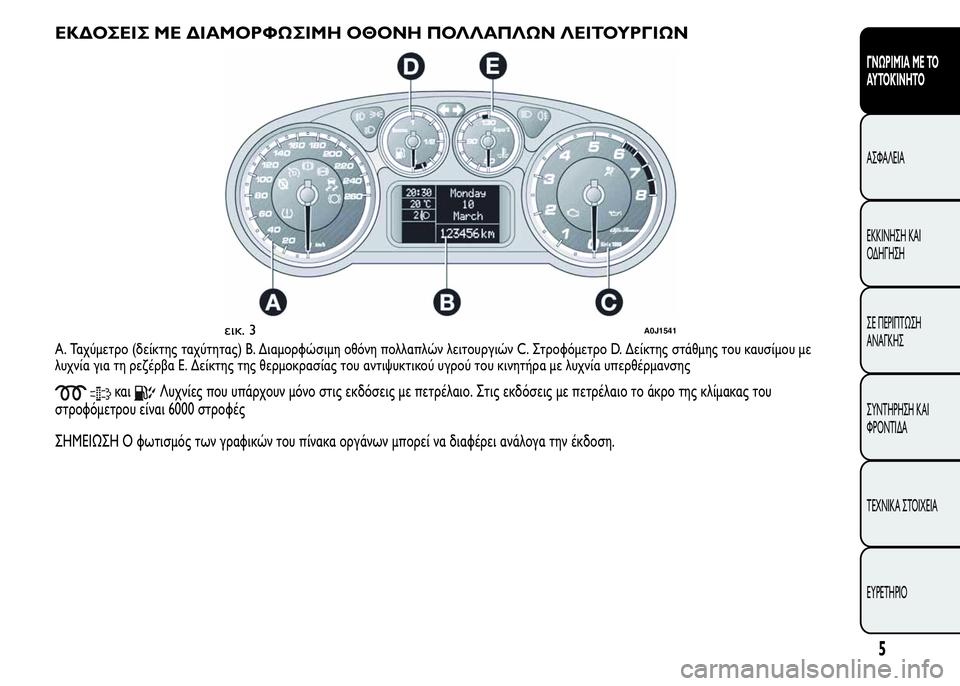 Alfa Romeo MiTo 2016  Εγχειρίδιο χρήσης (in Greek) ΕΚΔΟΣΕΙΣ ΜΕ ΔΙΑΜΟΡΦΩΣΙΜΗ ΟΘΟΝΗ ΠΟΛΛΑΠΛΩΝ ΛΕΙΤΟΥΡΓΙΩΝ
A. Ταχύμετρο (δείκτης ταχύτητας) B. Διαμορφώσιμη οθόνη π