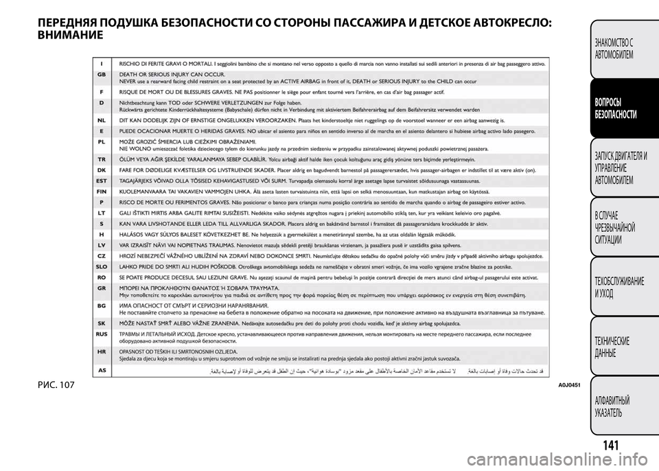 Alfa Romeo MiTo 2016  Инструкция по эксплуатации (in Russian) ПЕРЕДНЯЯ ПОДУШКА БЕЗОПАСНОСТИ СО СТОРОНЫ ПАССАЖИРА И ДЕТСКОЕ АВТОКРЕСЛО:
ВНИМАНИЕ
РИС. 107A0J0451
141
ЗНАКОМСТВО С
