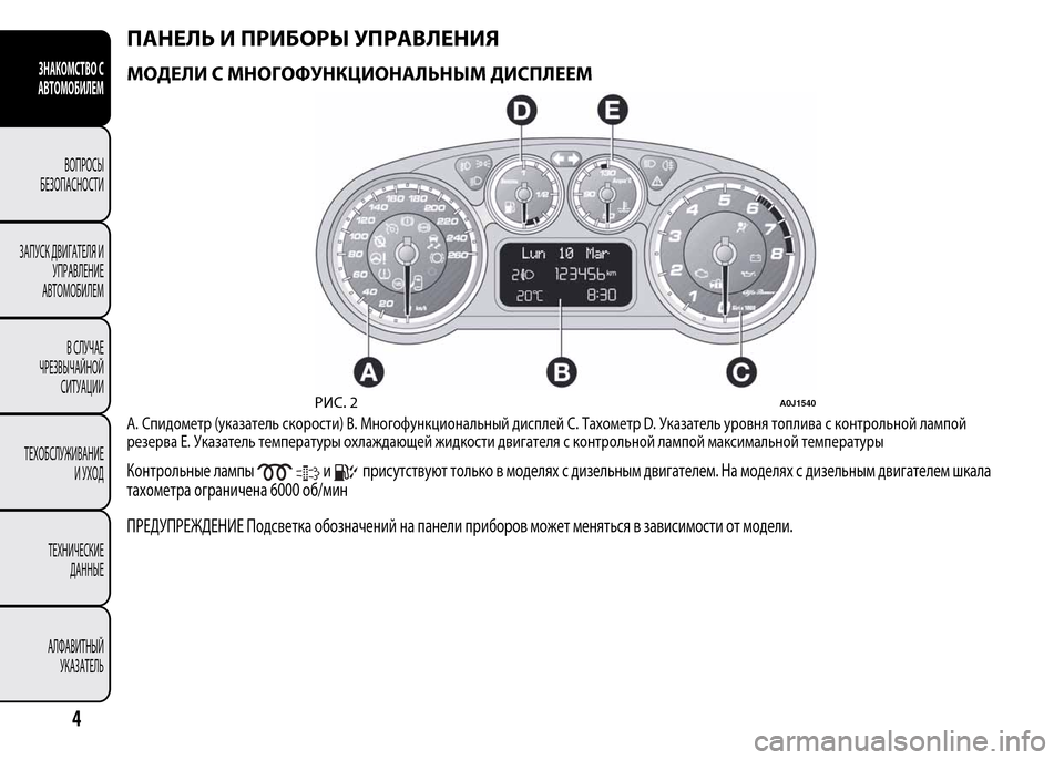 Alfa Romeo MiTo 2016  Инструкция по эксплуатации (in Russian) ПАНЕЛЬ И ПРИБОРЫ УПРАВЛЕНИЯ
МОДЕЛИ С МНОГОФУНКЦИОНАЛЬНЫМ ДИСПЛЕЕМ
A. Спидометр (указатель скорости) B. Многоф