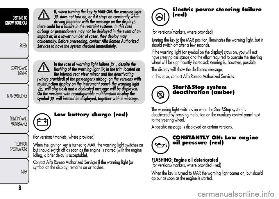 Alfa Romeo MiTo 2015  Owners Manual If, when turning the key to MAR-ON, the warning light
does not turn on, or if it stays on constantly when
driving (together with the message on the display),
there could be a failure in the restraint 