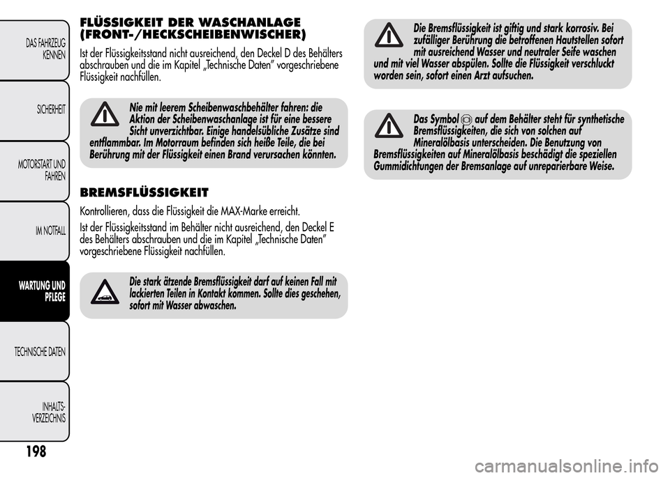 Alfa Romeo MiTo 2015 Betriebsanleitung (in German) FLÜSSIGKEIT DER WASCHANLAGE
(FRONT-/HECKSCHEIBENWISCHER)
Ist der Flüssigkeitsstand nicht ausreichend, den Deckel D des Behälters
abschrauben und die im Kapitel „Technische Daten” vorgeschrieben Alfa Romeo MiTo 2015 Betriebsanleitung (in German) FLÜSSIGKEIT DER WASCHANLAGE
(FRONT-/HECKSCHEIBENWISCHER)
Ist der Flüssigkeitsstand nicht ausreichend, den Deckel D des Behälters
abschrauben und die im Kapitel „Technische Daten” vorgeschrieben