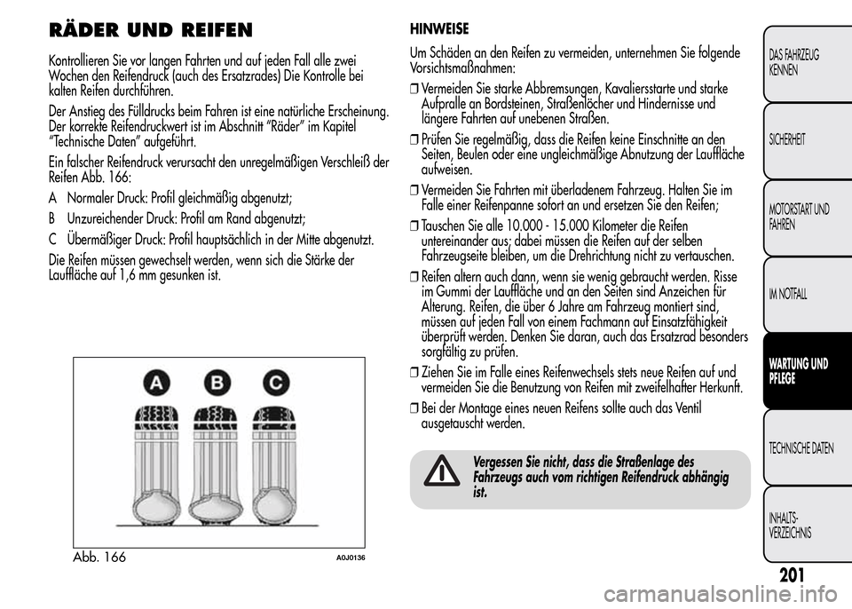 Alfa Romeo MiTo 2015 Betriebsanleitung (in German) RÄDER UND REIFEN
Kontrollieren Sie vor langen Fahrten und auf jeden Fall alle zwei
Wochen den Reifendruck (auch des Ersatzrades) Die Kontrolle bei
kalten Reifen durchführen.
Der Anstieg des Fülldru Alfa Romeo MiTo 2015 Betriebsanleitung (in German) RÄDER UND REIFEN
Kontrollieren Sie vor langen Fahrten und auf jeden Fall alle zwei
Wochen den Reifendruck (auch des Ersatzrades) Die Kontrolle bei
kalten Reifen durchführen.
Der Anstieg des Fülldru