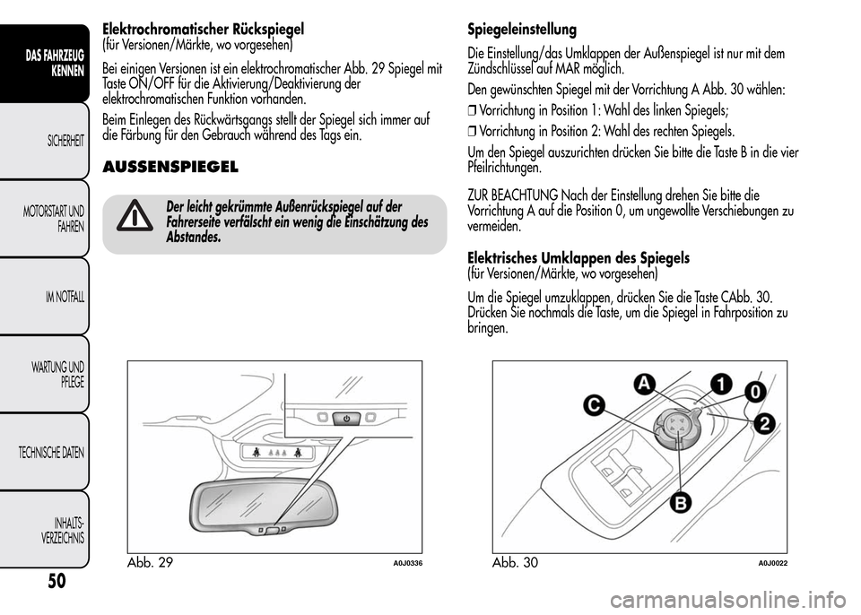 Alfa Romeo MiTo 2015 Betriebsanleitung (in German) Elektrochromatischer Rückspiegel
(für Versionen/Märkte, wo vorgesehen)
Bei einigen Versionen ist ein elektrochromatischer Abb. 29 Spiegel mit
Taste ON/OFF für die Aktivierung/Deaktivierung der
ele Alfa Romeo MiTo 2015 Betriebsanleitung (in German) Elektrochromatischer Rückspiegel
(für Versionen/Märkte, wo vorgesehen)
Bei einigen Versionen ist ein elektrochromatischer Abb. 29 Spiegel mit
Taste ON/OFF für die Aktivierung/Deaktivierung der
ele