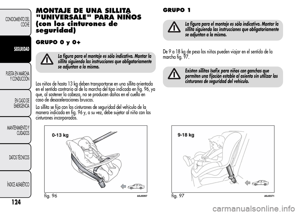 Alfa Romeo MiTo 2015 Manual del propietario (in Spanish) MONTAJE DE UNA SILLITA
"UNIVERSALE" PARA NIÑOS
(con los cinturones de
seguridad)
GRUPO 0 y 0+
La figura para el montaje es sólo indicativa. Montar la
sillita siguiendo las instrucciones que obligato Alfa Romeo MiTo 2015 Manual del propietario (in Spanish) MONTAJE DE UNA SILLITA
"UNIVERSALE" PARA NIÑOS
(con los cinturones de
seguridad)
GRUPO 0 y 0+
La figura para el montaje es sólo indicativa. Montar la
sillita siguiendo las instrucciones que obligato