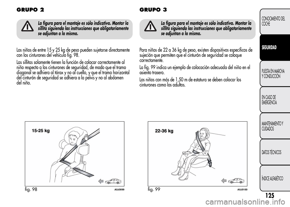 Alfa Romeo MiTo 2015 Manual del propietario (in Spanish) GRUPO 2
La figura para el montaje es sólo indicativa. Montar la
sillita siguiendo las instrucciones que obligatoriamente
se adjuntan a la misma.
Los niños de entre 15 y 25 kg de peso pueden sujetars Alfa Romeo MiTo 2015 Manual del propietario (in Spanish) GRUPO 2
La figura para el montaje es sólo indicativa. Montar la
sillita siguiendo las instrucciones que obligatoriamente
se adjuntan a la misma.
Los niños de entre 15 y 25 kg de peso pueden sujetars