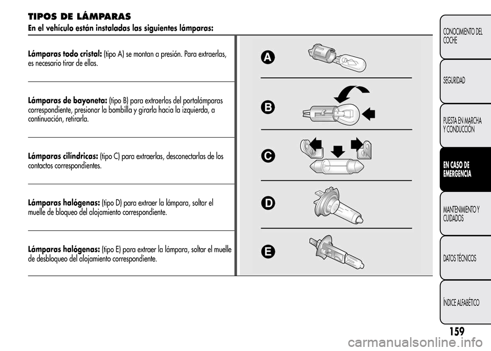 Alfa Romeo MiTo 2015  Manual del propietario (in Spanish) TIPOS DE LÁMPARAS
En el vehículo están instaladas las siguientes lámparas:
Lámparas todo cristal:(tipo A) se montan a presión. Para extraerlas,
es necesario tirar de ellas.
Lámparas de bayoneta