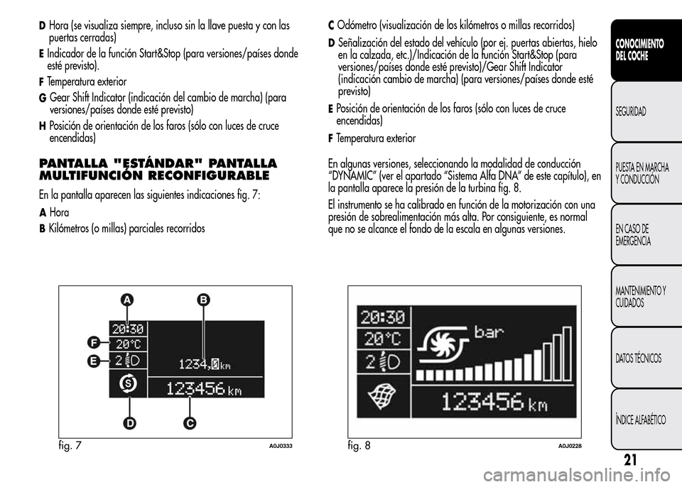 Alfa Romeo MiTo 2015  Manual del propietario (in Spanish) DHora (se visualiza siempre, incluso sin la llave puesta y con las
puertas cerradas)
EIndicador de la función Start&Stop (para versiones/países donde
esté previsto).
FTemperatura exterior
GGear Shi