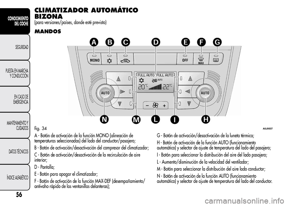 Alfa Romeo MiTo 2015 Manual del propietario (in Spanish) CLIMATIZADOR AUTOMÁTICO
BIZONA
(para versiones/países, donde esté previsto)
MANDOS
A - Botón de activación de la función MONO (alineación de
temperaturas seleccionadas) del lado del conductor/p Alfa Romeo MiTo 2015 Manual del propietario (in Spanish) CLIMATIZADOR AUTOMÁTICO
BIZONA
(para versiones/países, donde esté previsto)
MANDOS
A - Botón de activación de la función MONO (alineación de
temperaturas seleccionadas) del lado del conductor/p