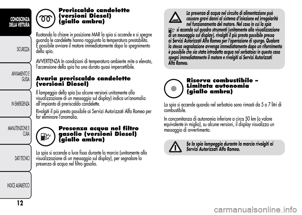 Alfa Romeo MiTo 2015 Manuale del proprietario (in Italian) Preriscaldo candelette
(versioni Diesel)
(giallo ambra)
Ruotando la chiave in posizione MAR la spia si accende e si spegne
quando le candelette hanno raggiunto la temperatura prestabilita.
È possibil Alfa Romeo MiTo 2015 Manuale del proprietario (in Italian) Preriscaldo candelette
(versioni Diesel)
(giallo ambra)
Ruotando la chiave in posizione MAR la spia si accende e si spegne
quando le candelette hanno raggiunto la temperatura prestabilita.
È possibil