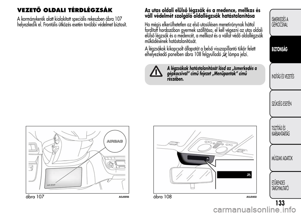 Alfa Romeo MiTo 2015  Kezelési útmutató (in Hungarian) VEZETŐ OLDALI TÉRDLÉGZSÁK
A kormánykerék alatt kialakított speciális rekeszben ábra 107
helyezkedik el. Frontális ütközés esetén további védelmet biztosít.Az utas oldali elülső lég