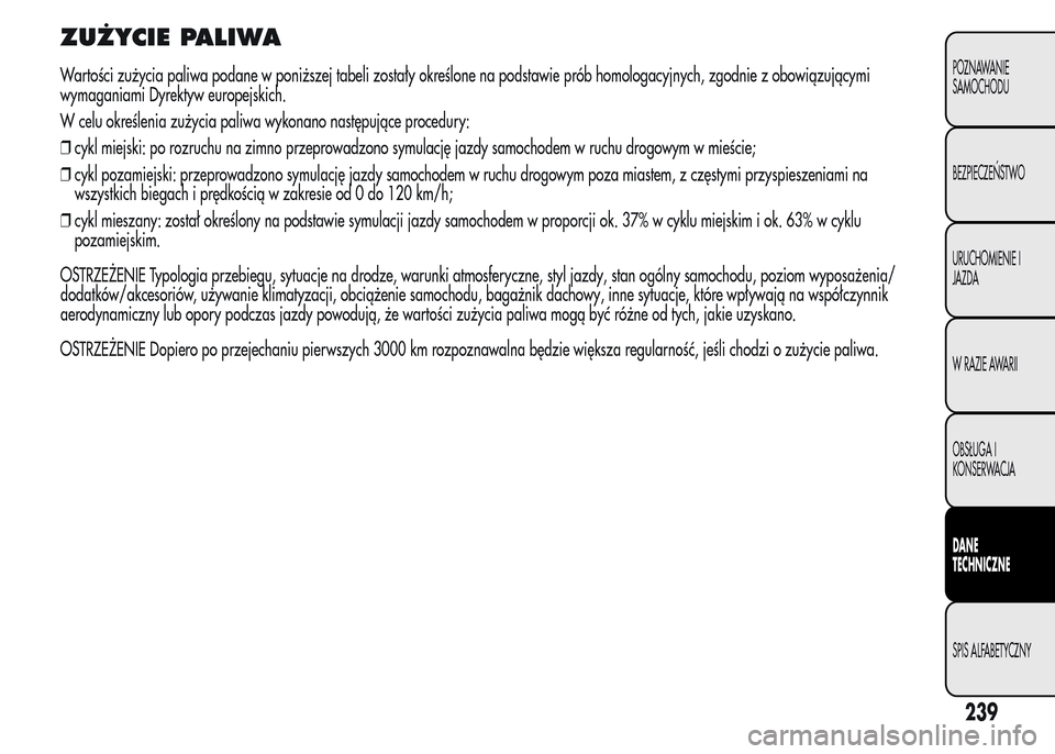 Alfa Romeo MiTo 2015  Instrukcja Obsługi (in Polish) ZUŻYCIE PALIWA
Wartości zużycia paliwa podane w poniższej tabeli zostały określone na podstawie prób homologacyjnych, zgodnie z obowiązującymi
wymaganiami Dyrektyw europejskich.
W celu okreś