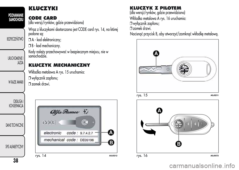 Alfa Romeo MiTo 2015  Instrukcja Obsługi (in Polish) KLUCZYKI
CODE CARD
(dla wersji/rynków, gdzie przewidziano)
Wraz z kluczykami dostarczana jest CODE card rys. 14, na której
podane są:
❒A - kod elektroniczny;
❒B - kod mechaniczny.
Kody należy 