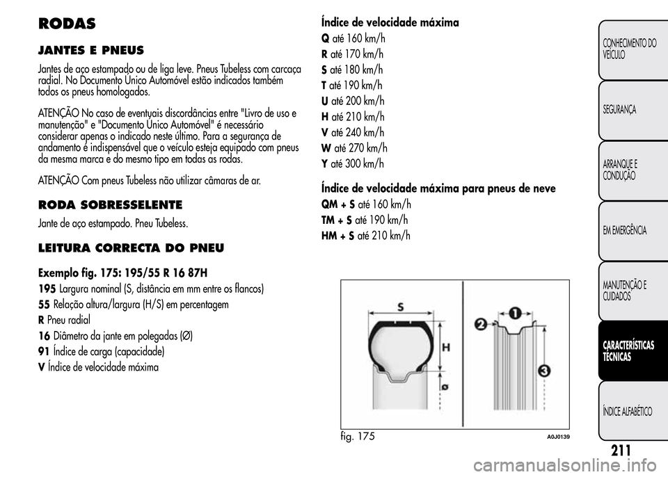 Alfa Romeo MiTo 2015  Manual do proprietário (in Portuguese) RODAS
JANTES E PNEUS
Jantes de aço estampado ou de liga leve. Pneus Tubeless com carcaça
radial. No Documento Único Automóvel estão indicados também
todos os pneus homologados.
ATENÇÃO No caso