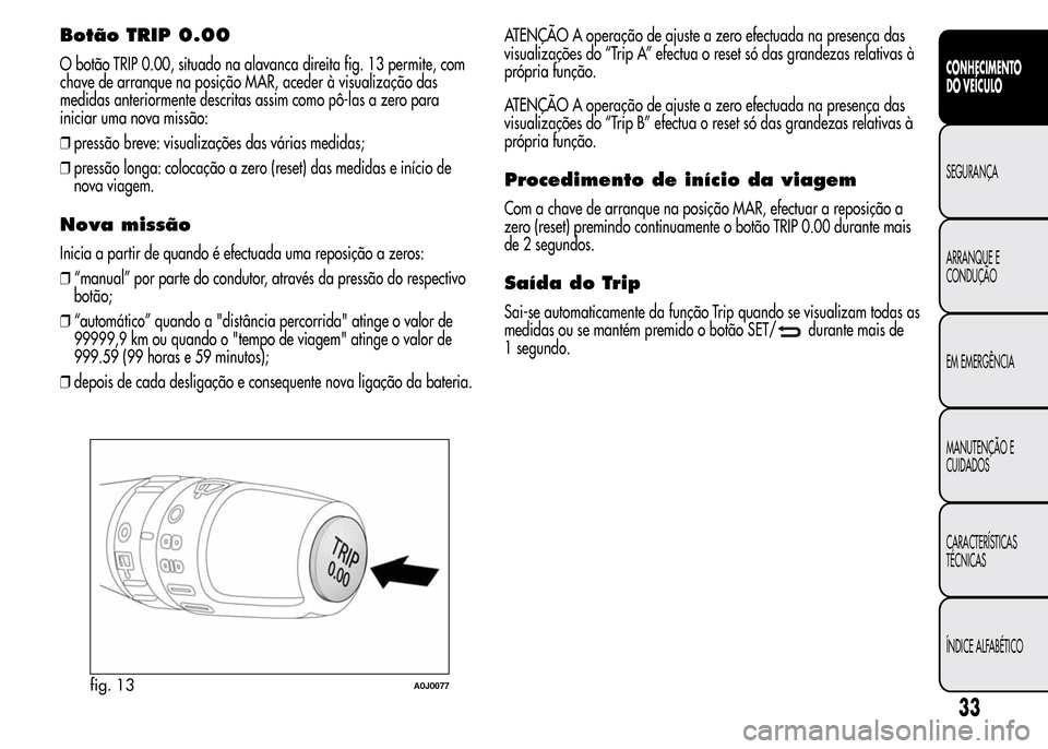 Alfa Romeo MiTo 2015  Manual do proprietário (in Portuguese) Botão TRIP 0.00
O botão TRIP 0.00, situado na alavanca direita fig. 13 permite, com
chave de arranque na posição MAR, aceder à visualização das
medidas anteriormente descritas assim como pô-la