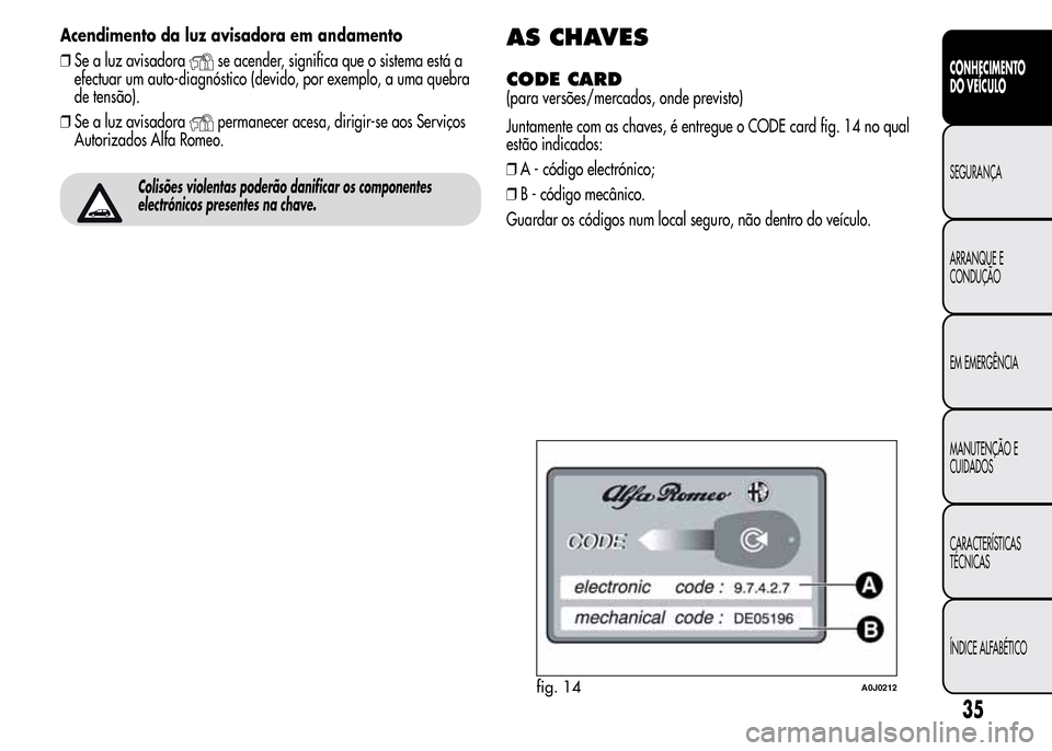 Alfa Romeo MiTo 2015  Manual do proprietário (in Portuguese) Acendimento da luz avisadora em andamento
❒Se a luz avisadora
se acender, significa que o sistema está a
efectuar um auto-diagnóstico (devido, por exemplo, a uma quebra
de tensão).
❒Se a luz av