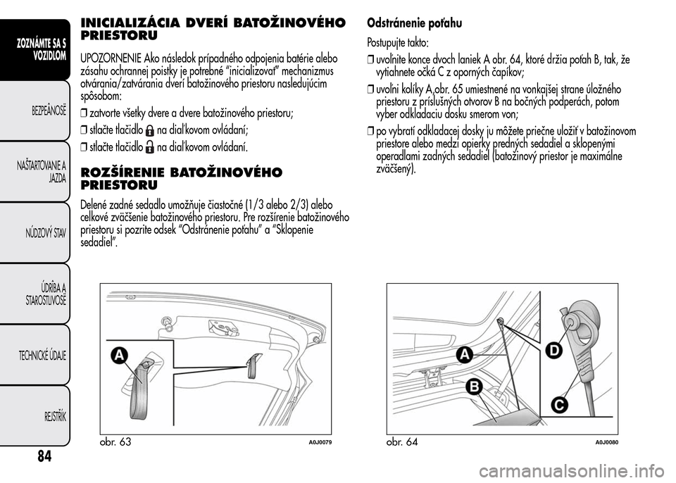 Alfa Romeo MiTo 2015  Užívateľská príručka (in Slovak) INICIALIZÁCIA DVERÍ BATOŽINOVÉHO
PRIESTORU
UPOZORNENIE Ako následok prípadného odpojenia batérie alebo
zásahu ochrannej poistky je potrebné “inicializovať” mechanizmus
otvárania/zatvá