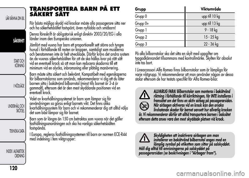 Alfa Romeo MiTo 2015  Ägarmanual (in Swedish) TRANSPORTERA BARN PÅ ETT
SÄKERT SÄTT
För bästa möjliga skydd vid krockar måste alla passagerare sitta ner
och ha säkerhetsbältet fastspänt, även nyfödda och småbarn!
Denna föreskrift är