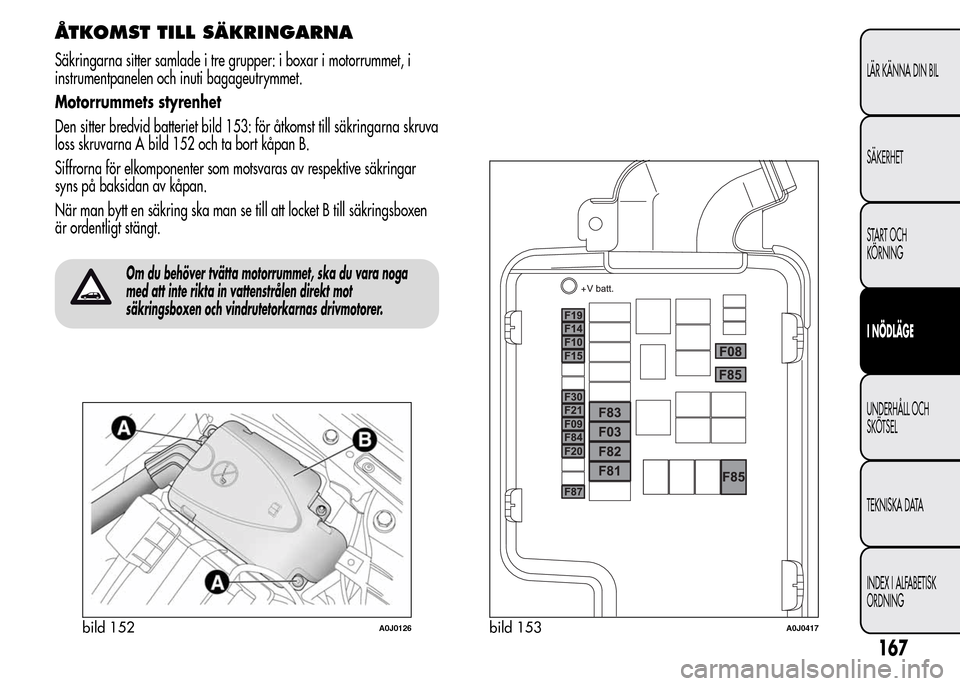 Alfa Romeo MiTo 2015  Ägarmanual (in Swedish) ÅTKOMST TILL SÄKRINGARNA
Säkringarna sitter samlade i tre grupper: i boxar i motorrummet, i
instrumentpanelen och inuti bagageutrymmet.
Motorrummets styrenhet
Den sitter bredvid batteriet bild 153:
