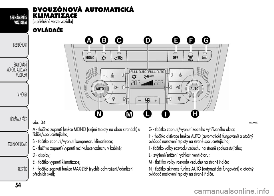 Alfa Romeo MiTo 2015  Návod k obsluze (in Czech) DVOUZÓNOVÁ AUTOMATICKÁ
KLIMATIZACE
(u příslušné verze vozidla)
OVLÁDAČE
A - tlačítko zapnutí funkce MONO (stejné teploty na obou stranách) u
řidiče/spolucestujícího;
B - tlačítko z