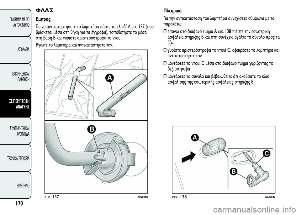 Alfa Romeo MiTo 2015  Εγχειρίδιο χρήσης (in Greek) ΦΛΑΣ
Εμπρός
Για να αντικαταστήσετε το λαμπτήρα πάρτε το κλειδί A εικ. 137 (που
βρίσκεται μέσα στη θήκη για τα έγγ