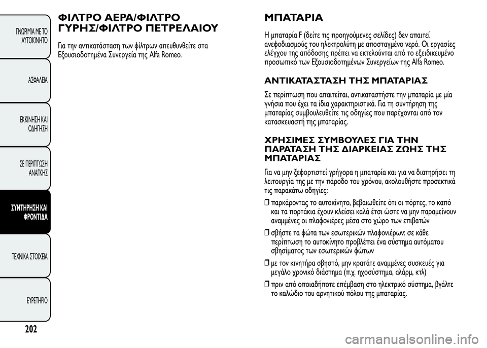 Alfa Romeo MiTo 2015 Εγχειρίδιο χρήσης (in Greek) ΦΙΛΤΡΟ ΑΕΡΑ/ΦΙΛΤΡΟ
ΓΥΡΗΣ/ΦΙΛΤΡΟ ΠΕΤΡΕΛΑΙΟΥ
Για την αντικατάσταση των φίλτρων απευθυνθείτε στα
Εξουσιοδοτημ Alfa Romeo MiTo 2015 Εγχειρίδιο χρήσης (in Greek) ΦΙΛΤΡΟ ΑΕΡΑ/ΦΙΛΤΡΟ
ΓΥΡΗΣ/ΦΙΛΤΡΟ ΠΕΤΡΕΛΑΙΟΥ
Για την αντικατάσταση των φίλτρων απευθυνθείτε στα
Εξουσιοδοτημ