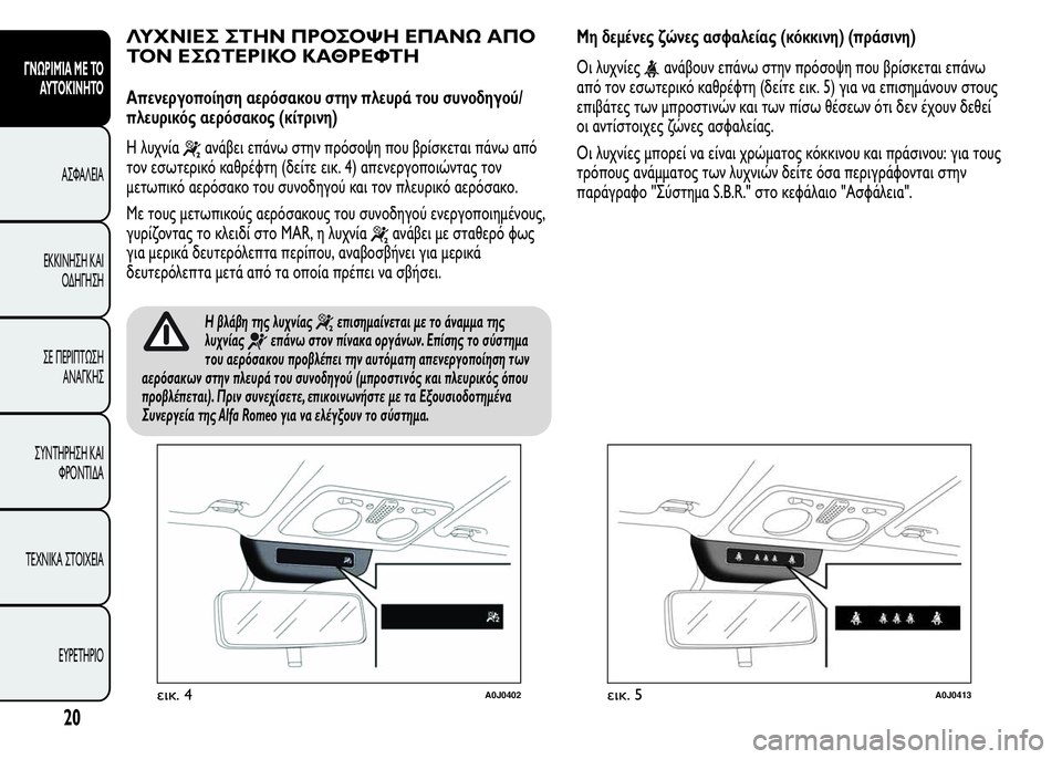 Alfa Romeo MiTo 2015 Εγχειρίδιο χρήσης (in Greek) ΛΥΧΝΙΕΣ ΣΤΗΝ ΠΡΟΣΟΨΗ ΕΠΑΝΩ ΑΠΟ
ΤΟΝ ΕΣΩΤΕΡΙΚΟ ΚΑΘΡΕΦΤΗ
Απενεργοποίηση αερόσακου στην πλευρά του συνοδηγού/
π Alfa Romeo MiTo 2015 Εγχειρίδιο χρήσης (in Greek) ΛΥΧΝΙΕΣ ΣΤΗΝ ΠΡΟΣΟΨΗ ΕΠΑΝΩ ΑΠΟ
ΤΟΝ ΕΣΩΤΕΡΙΚΟ ΚΑΘΡΕΦΤΗ
Απενεργοποίηση αερόσακου στην πλευρά του συνοδηγού/
π