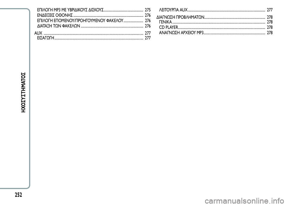 Alfa Romeo MiTo 2015  Εγχειρίδιο χρήσης (in Greek) ΕΠΙΛΟΓΗ MP3 ΜΕ ΥΒΡΙΔΙΚΟΥΣ ΔΙΣΚΟΥΣ................................................ 275
ΕΝΔΕΙΞΕΙΣ ΟΘΟΝΗΣ ........................................................