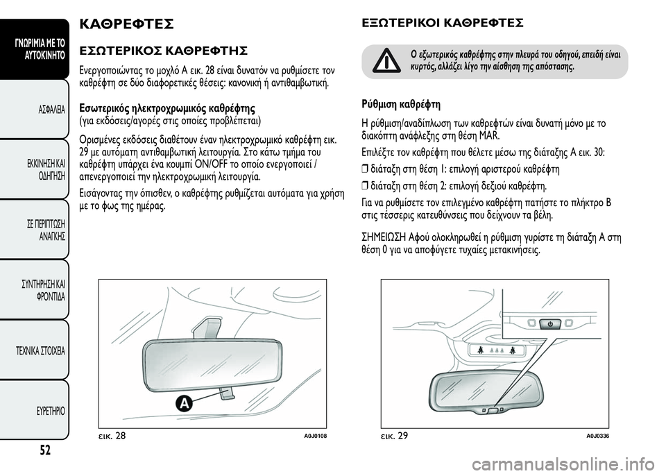 Alfa Romeo MiTo 2015 Εγχειρίδιο χρήσης (in Greek) ΚΑΘΡΕΦΤΕΣ
ΕΣΩΤΕΡΙΚΟΣ ΚΑΘΡΕΦΤΗΣ
Ενεργοποιώντας το μοχλό A εικ. 28 είναι δυνατόν να ρυθμίσετε τον
καθρέφτη σε δύ Alfa Romeo MiTo 2015 Εγχειρίδιο χρήσης (in Greek) ΚΑΘΡΕΦΤΕΣ
ΕΣΩΤΕΡΙΚΟΣ ΚΑΘΡΕΦΤΗΣ
Ενεργοποιώντας το μοχλό A εικ. 28 είναι δυνατόν να ρυθμίσετε τον
καθρέφτη σε δύ