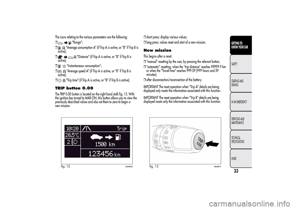 Alfa Romeo MiTo 2014  Owners Manual The icons relating to the various parameters are the following:
❒
"Range";
❒
"Average consumption A” (if Trip A is active, or “B” if Trip B is
active);
❒
"Distance" (if Trip A is active, o