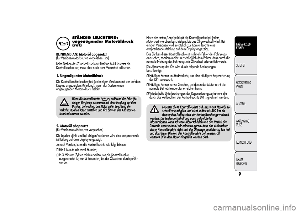 Alfa Romeo MiTo 2014 Betriebsanleitung (in German) STÄNDIG LEUCHTEND:
ungenügender Motoröldruck
(rot)
BLINKEND AN: Motoröl abgenutzt
(für Versionen/Märkte, wo vorgesehen - rot)
Beim Drehen des Zündschlüssels auf Position MAR leuchtet die
Kontr Alfa Romeo MiTo 2014 Betriebsanleitung (in German) STÄNDIG LEUCHTEND:
ungenügender Motoröldruck
(rot)
BLINKEND AN: Motoröl abgenutzt
(für Versionen/Märkte, wo vorgesehen - rot)
Beim Drehen des Zündschlüssels auf Position MAR leuchtet die
Kontr