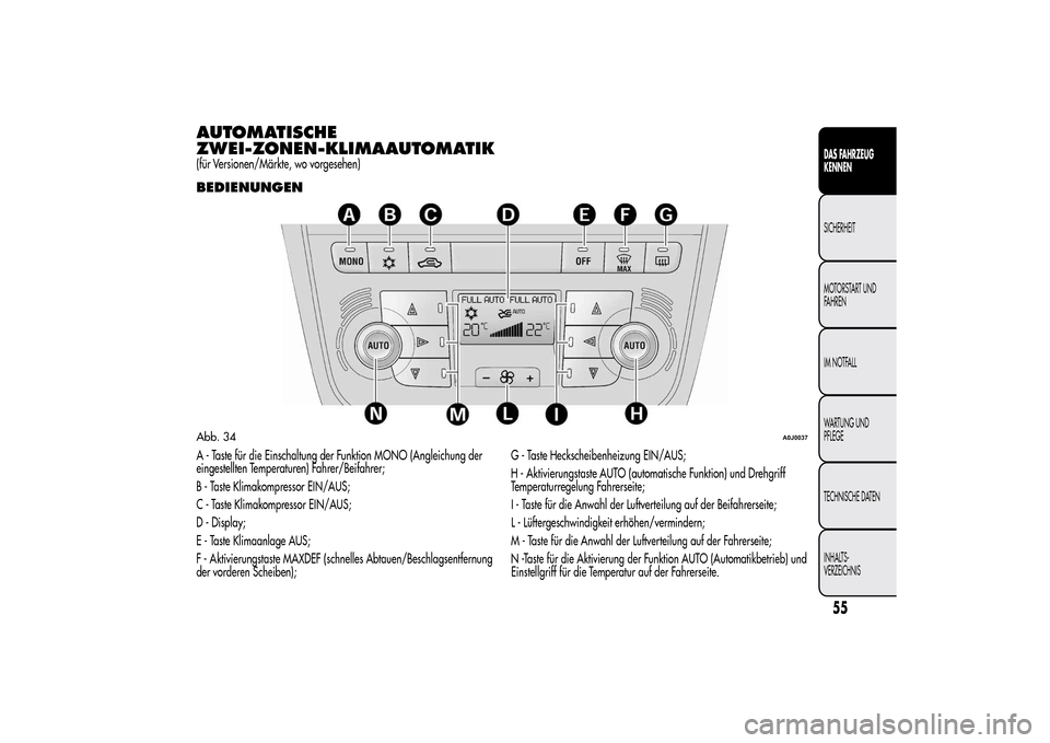 Alfa Romeo MiTo 2014  Betriebsanleitung (in German) AUTOMATISCHE
ZWEI-ZONEN-KLIMAAUTOMATIK(für Versionen/Märkte, wo vorgesehen)BEDIENUNGENA - Taste für die Einschaltung der Funktion MONO (Angleichung der
eingestellten Temperaturen) Fahrer/Beifahrer;